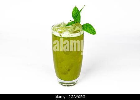 Green fresh cocktail smoothie jusice in glass with mint isolated on white. vitamin drink detox Stock Photo