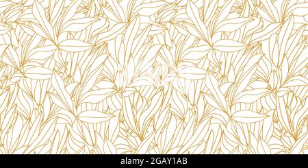Seamless pattern with gold lines, beautiful leaves of peonies, flowers, and buds of white color. Stock Vector