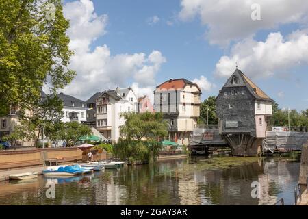 Bridge houses on the Old Nahe Bridge in Bad Kreuznach, Rhineland-Palatinate, Germany. Stock Photo