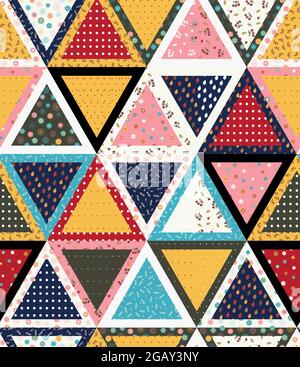 Seamless pattern of a patchwork quilt made from pieces of fabric with different patterns. Floral ornament, polka dots, autumn colors. Stock Vector
