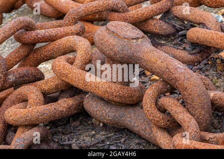 rusty old chains, corroded old chains, pile of rusty chains, heap of corroded chains, seaweed covered chains, rust corroded shackle, abandoned chains. Stock Photo