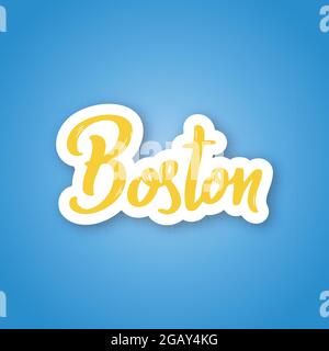 Boston - hand drawn lettering name USA city. Sticker with lettering in paper cut style. Vector illustration. Stock Vector