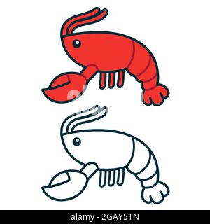 Simple cartoon lobster or crawfish drawing. Red color and black and white line icon. Vector clip art illustration. Stock Vector