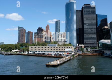 View from the Staten Island Ferry pulling into Whitehall Terminal in New York City Stock Photo