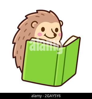 Cute cartoon hedgehog reading a book. Funny animal drawing, children education. Vector clip art illustration. Stock Vector