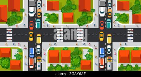 Road top view with highways many different vehicles. Stock Vector