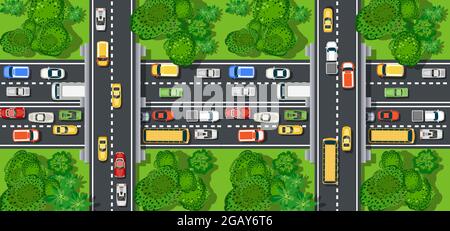 Road top view with highways many different vehicles. Stock Vector