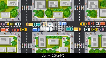 Road top view with highways many different vehicles. Stock Vector
