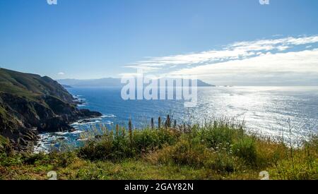 Atlatic coastline of Galicia, views of cliffs and Ortegal Cape from Punta Estaca de Bares, the northernmost point of Spain Stock Photo