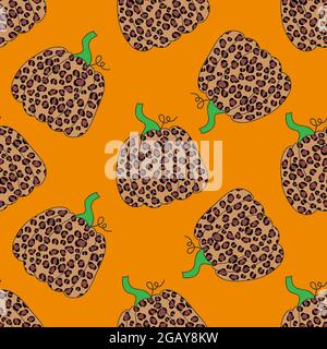 Halloween leopard pumpkin seamless pattern on orang background. Vector cartoon illustration. Stock Vector