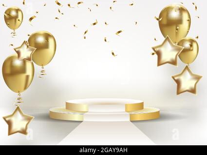 Golden stage podium with falling down colorful confetti and balloons on light background. Stock Vector