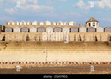 Beach Huts, Charmouth Beach, Dorset, England, UK. Stock Photo