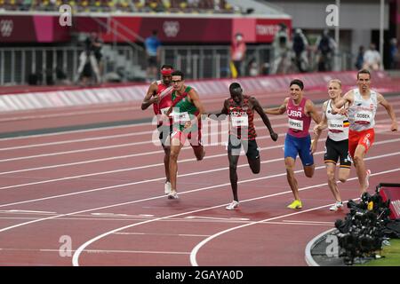 1st August 2021; Olympic Stadium, Tokyo, Japan: Tokyo 2020 Olympic summer games day 9; Mens 800m semi-finals, DOBEK Patryk (POL) wins the heat ahead of KORIR Emmanuel Kipkurui (KEN)  LOPEZ Jesus Tonatiu (MEX CRESTAN Eliott (Bel)  HOPPEL Bryce (USA  AYOUNI Abdessalem (TUN)  HUNTER Charlie (AUS) and  EL GUESSE Abdelati (MAR) Stock Photo