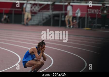 1st August 2021; Olympic Stadium, Tokyo, Japan: Tokyo 2020 Olympic summer games day 9; Mens high jump final; TAMBERI Gianmarco (ITA) and BARSHIM Mutaz Essa (QAT) have identical results and agree to split the gold medal between them Stock Photo