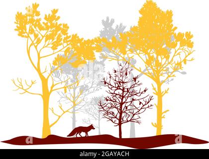 Red, orange and gray set of trees, fox. Silhouettes of forest and animal. Illustration isolated on white background. Stock Vector