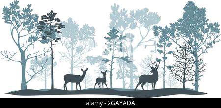 Blue and gray set of trees of different shapes and sizes, deer, doe, fawn. Brush. Silhouettes of forest and animals. Illustration isolated on white ba Stock Vector