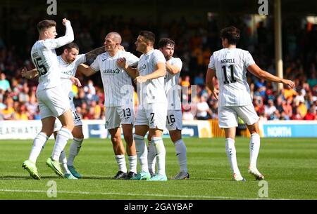 Motherwell, Scotland, UK. 1st August 2021; Fir Park, Motherwell, North Lanarkshire, Scotland; Scottish Premiership Football, Motherwell versus Hibernian; Kyle Magennis of Hibernian celebrates with his team mates after he makes it 1-1 in the 17th minute Credit: Action Plus Sports Images/Alamy Live News Stock Photo