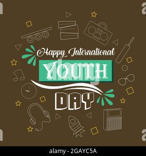 Poster of Youth Day. calligraphic Lettering of Happy International Youth Day. The background is decorated with different equipment. Stock Vector