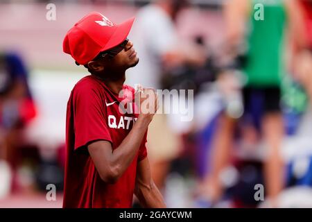 Tokyo, Japan, 1 August, 2021. Mutaz Essa Barshim of Team Qatar during the Men's High Jump Final on Day 9 of the Tokyo 2020 Olympic Games. Credit: Pete Dovgan/Speed Media/Alamy Live News Stock Photo