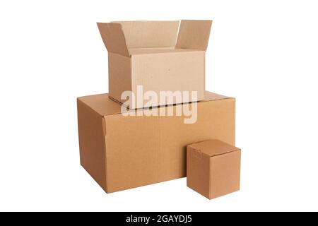three empty goods boxes for delivery or donation. cardboard box isolated on white background. eco packing Stock Photo