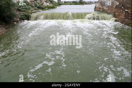 Beawar, Rajasthan, India, August 1, 2021: A pond overflows due to heavy rain during the monsoon season in Beawar. Credit: Sumit Saraswat/Alamy Live News Stock Photo