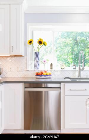 Kitchen detail with a chrome faced dishwasher appliance in a bright white kitchen Stock Photo