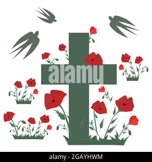 Cross in the poppy field and swallows in silhouette Cemetery headstone with poppies. Vector illustration for Remembrance Day, Anzac Day Isolated on wh Stock Vector