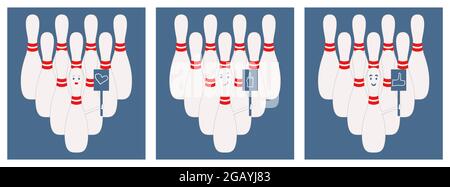 Funny white bowling pins on blue background. First pin holding in hand placard with different sings.  Isolated vector illustrations set. Stock Vector