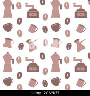 Different coffee mugs, pots, and coffee makers. Seamless pattern. Monochrome vector illustration Stock Vector