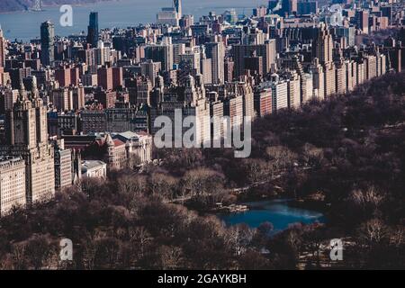 Panoramic elevated view of Central Park, and Upper West Side in Fall. Manhattan, New York City, USA Stock Photo