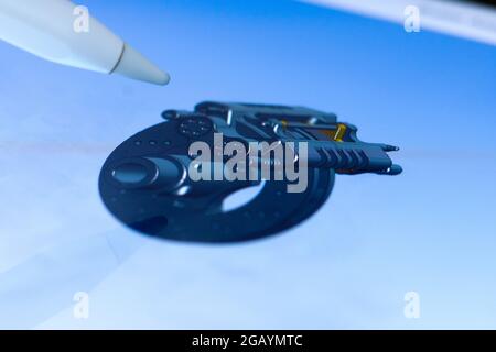 Creation of 3D model of a detail using a pencil on the tablet Stock Photo