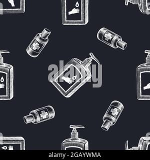 Seamless pattern with hand drawn chalk sanitizer bottles Stock Vector