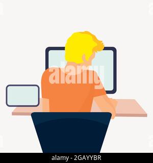 A male employee works at a computer. Flat vector .Laptop and table. Remote work, work from home and online learning concept. Can be used for ui elemen Stock Vector