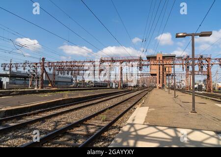 Hoboken, NJ - USA - July 30, 2021:  Horizontal view of the train yard at New Jersery Transit's Hoboken Terminal Stock Photo