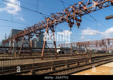 Hoboken, NJ - USA - July 30, 2021:  Horizontal view of the train yard at New Jersery Transit's Hoboken Terminal Stock Photo