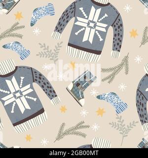 Seamless pattern with Christmas elements and winter clothes. Stock Vector