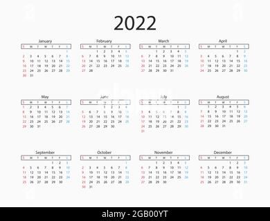 2022 year, calendar. Vector illustration. Weeks start on Sunday. Stock Vector