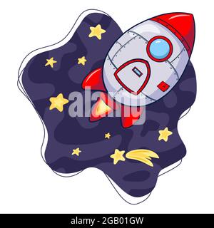 Rocket in Space Cartoon Illustration. Spaceship and Stars. Spacecraft in cosmos illustration for logo, print, nursery decor, Web design, Banner, Flyer, Sticker, Card Stock Vector