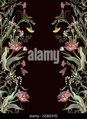 Seamless pattern with wild thin flowers and insects. Trendy botanical print. Stock Vector