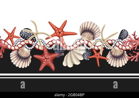 Border with starfishes, shells and rope. Vector trende print. Stock Vector