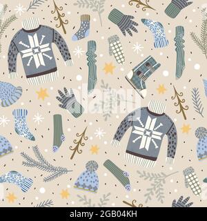 Seamless pattern with Christmas elements and winter clothes. Stock Vector