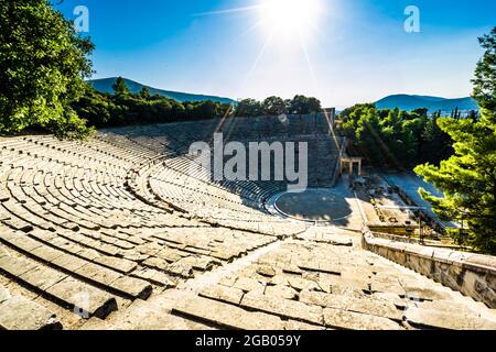 'The Echoes': Panorama of Epidaurus theater, Greece Stock Photo