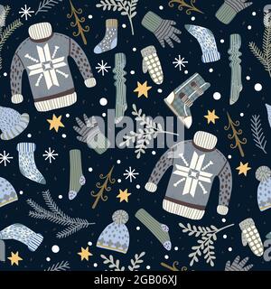 Seamless pattern with Christmas elements and winter clothes. Stock Vector