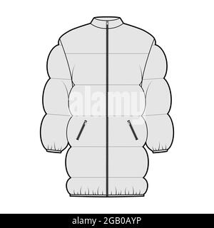 Down puffer jacket coat technical fashion illustration with long sleeves, stand collar, zip-up closure, pockets, thigh length. Flat template front, grey color. Women, men, unisex top CAD mockup Stock Vector