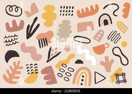 Various boho abstract shapes collection, minimalist bohemian style abstraction illustrations, geometric organic doodle shapes, lines,circles, dots Stock Vector