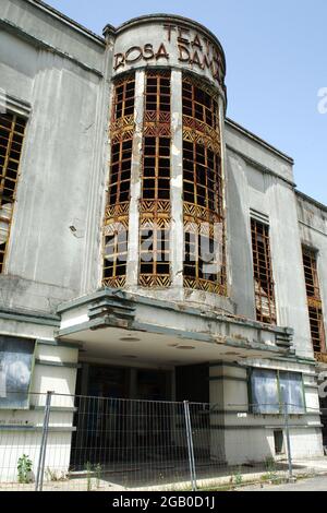 Dilapidated Art Deco facade of the Rosa Damasceno Theater, detail, located on the edge of the historic center of the town, Santarem, Portugal Stock Photo