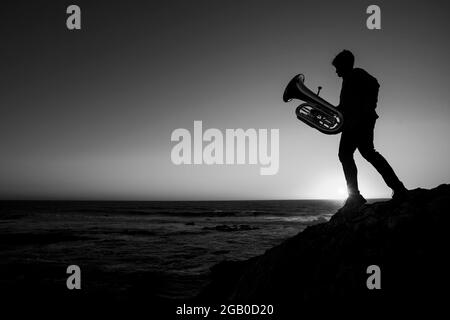 Silhouette of a musician with a tuba on the seashore. Black and white photo. Stock Photo