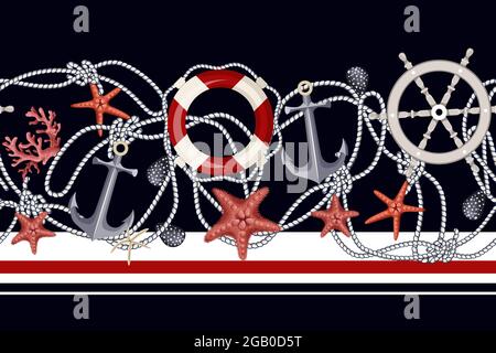 Border with starfishes, anchors, shells and lifebuoys. Vector. Stock Vector