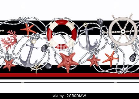 Border with starfishes, anchors, shells and lifebuoys. Vector. Stock Vector