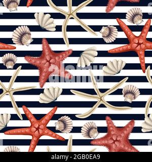 Seamless pattern with red starfishes, shells and coral on striped background. Vector trend print. Stock Vector